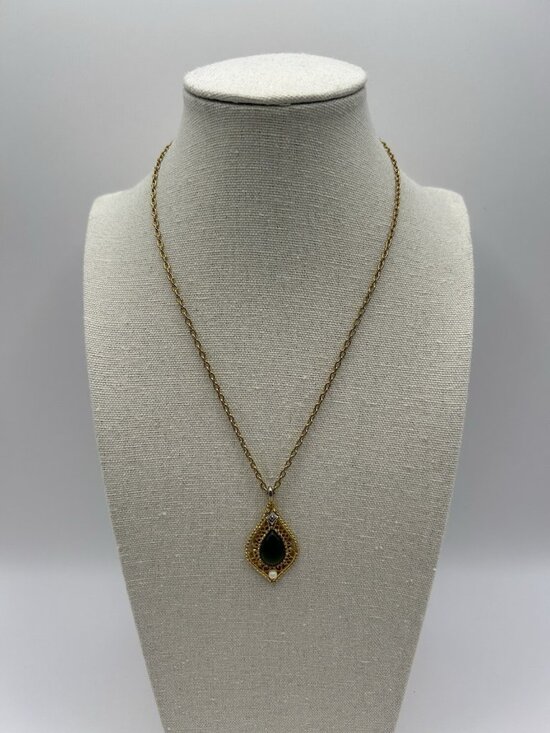 Unbranded Jewelry - Vintage Green Jade Diamond Cultured Pearl Filigree Gold-tone Pendant Necklace